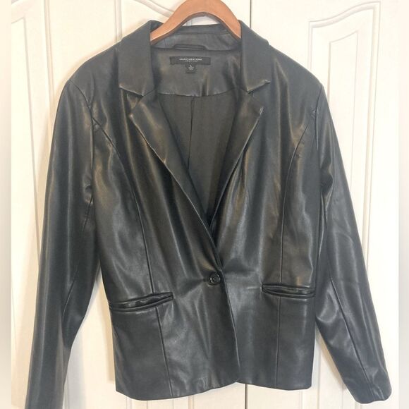 Andrew Marc One Button Fitted Vegan Leather Black Classic Blazer Jacket Size L - Picture 2 of 10